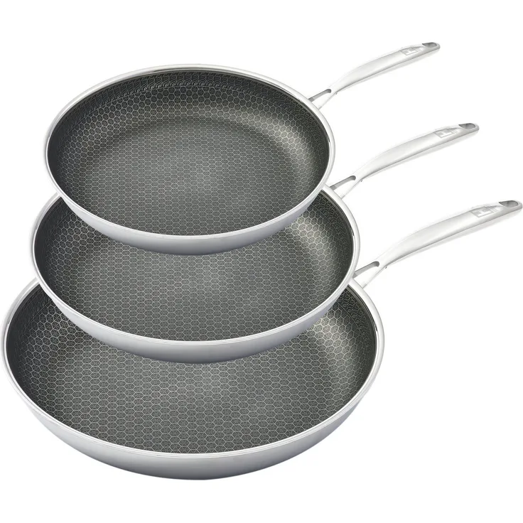HENSSLERS Pfannen-Set, Edelstahl (Set, 3-tlg, 1x Bratpfanne Ø 20 cm, 1x Bratpfanne Ø 24 cm, 1x Bratpfanne Ø 28 cm), 3-Schicht Material, Wabenstruktur und Antihaftbeschichtung, Induktion