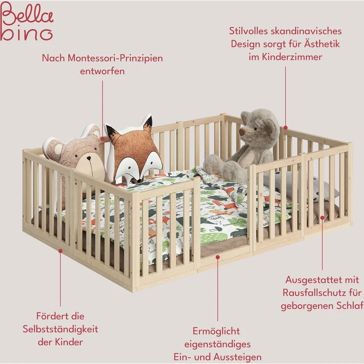 Bellabino 'Tapi' Bodenbett 140x200 cm mit extra hohem Gitter, natur lackiert, Kiefer massiv, inkl. Lattenrost – Bild 4