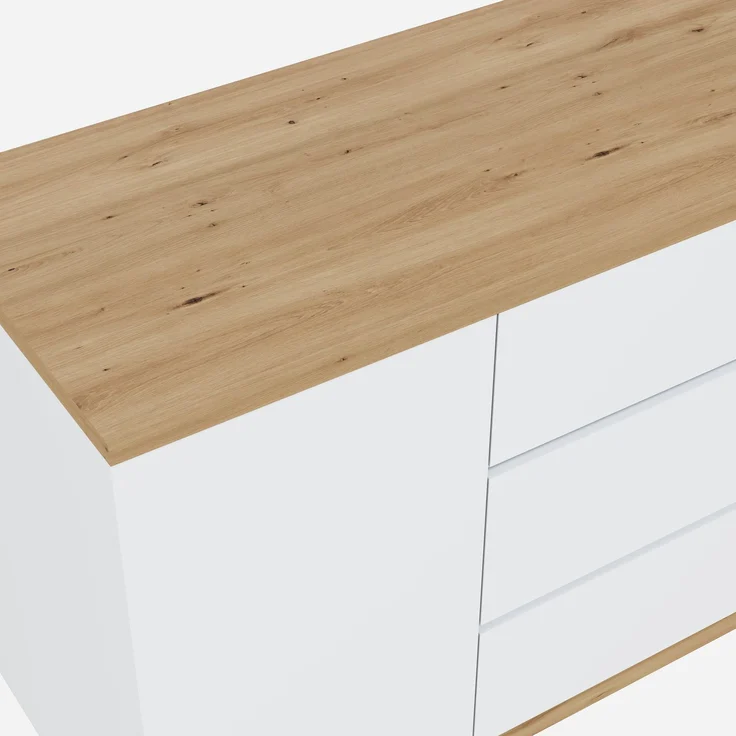 Schreibtisch 120 × 50 × 76,5 cm, drehbar und klappbar, 3 Schubladen, 2 Türen, 2 feststellbare Rollen, 4 cm starke Platte, Spanplatte, Weiß/Eiche – Bild 6