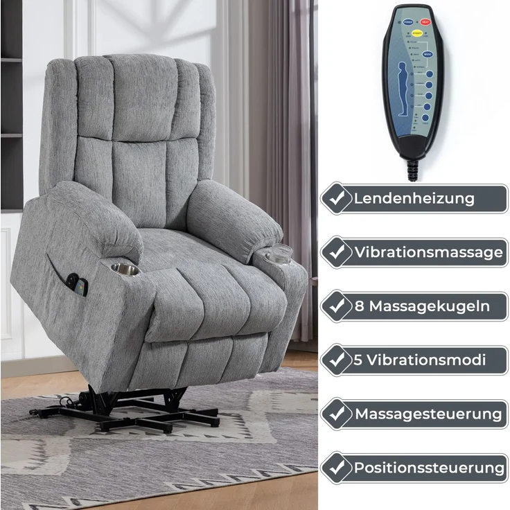 Elektrischer Relaxsessel aus Samt mit Aufstehhilfe, Massage & Wärme, 91x84x106 cm, Hellgrau – Bild 10