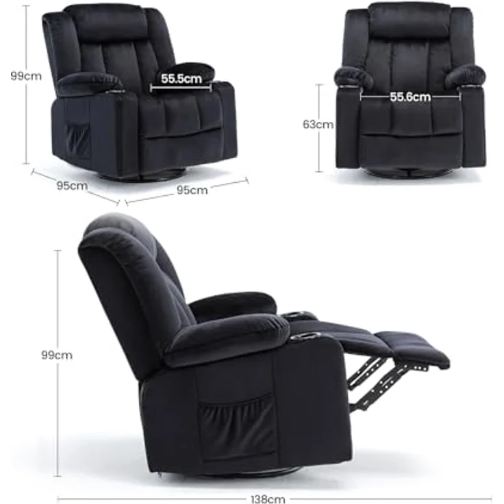 COMHOMA Manueller Drehbarer Relaxsessel für Erwachsene mit Verstellbarer Rückenlehne und Fußstütze, 360° Lounge Sessel für Wohnzimmer, Weicher Stoff, Ergonomisch, Schwarz – Bild 2