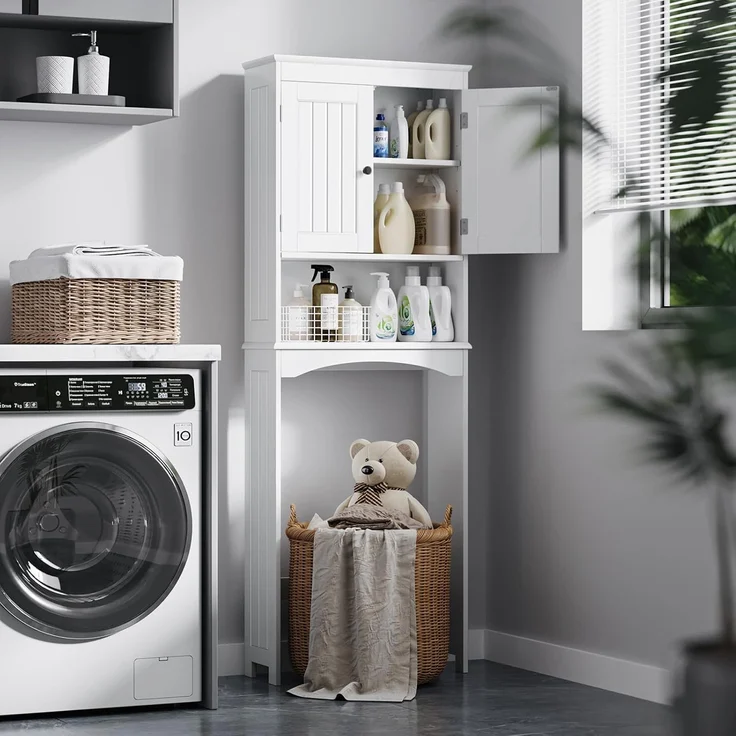 Bealife Toilettenregal, Regal über Toilette mit 3-stufigen verstellbaren Regalen, WC Überbauschrank Freistehend, 167 x 60 x 23 cm Überbau Toilettenschrank mit Doppeltüren für Badezimmer – Weiß – Bild 7