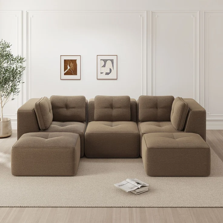 EINHOM Modulares Wohnzimmersofa ohne Gestell, modulares Sektionssofa mit Ottomane, geeignet für das Wohnzimmer, dreisitziges Cord-Sofa mit tiefer Sitzfläche, keine Montage erforderlich, Braun – Bild 4