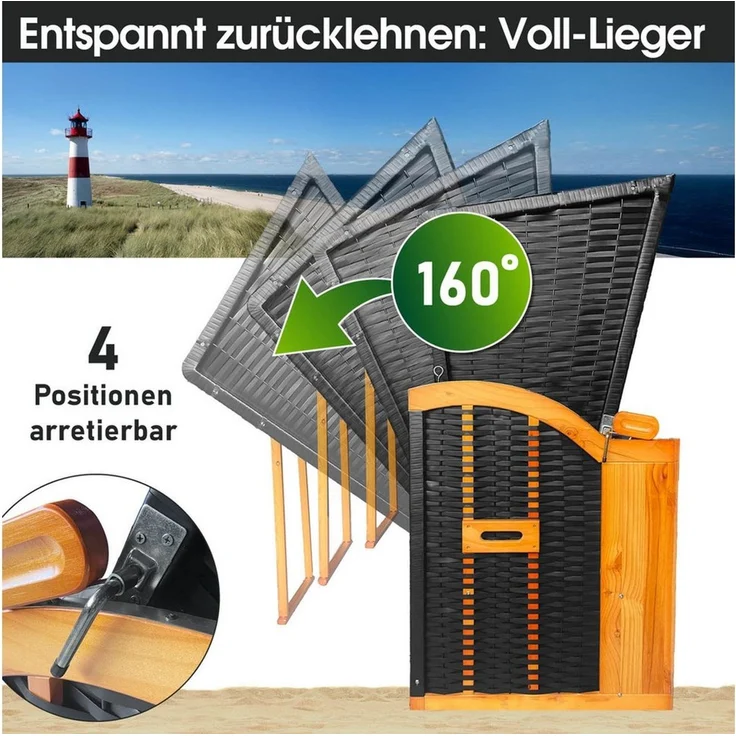 BRAST Strandkorb 3-Sitzer XL für 2-3 Personen, 155cm breit, 2 Designs, BxTxH: 155x78x160 cm, Volllieger, Ostsee, (verstellbare Rückenlehne), Tragkraft bis zu 500kg – Bild 3