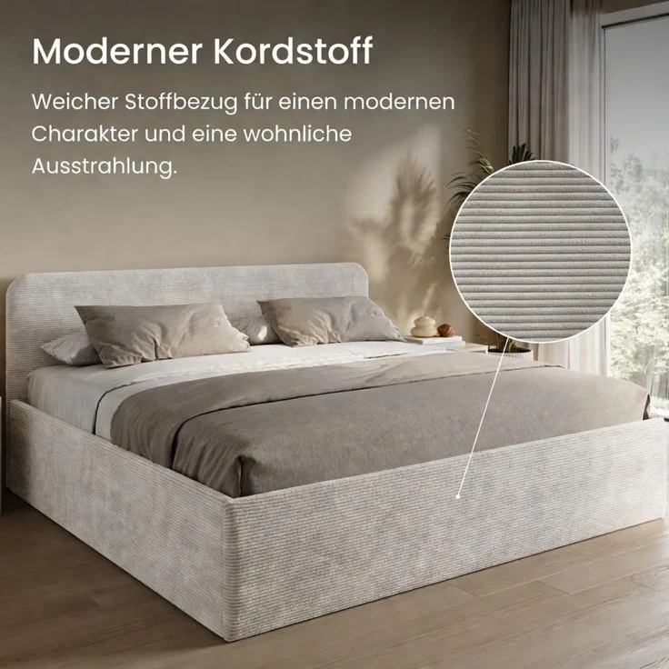 Home Collective Polsterbett Bett mit Stauraum, verstellbarem Lattenrost, viele Größen (Größen: 100x200 120x200 140x200 160x200 180x200 200x200, hochwertiger Kordstoff, made in Germany), wählbare Matratze Federkern oder Kaltschaum, Hellbeige – Bild 7