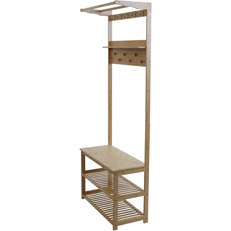 Bambus Standgarderobe HWC-N82, Garderobenständer Schuhregal Sitzbank Schuhbank, Kleiderhaken FSC® 170x70x31cm – Bild 6