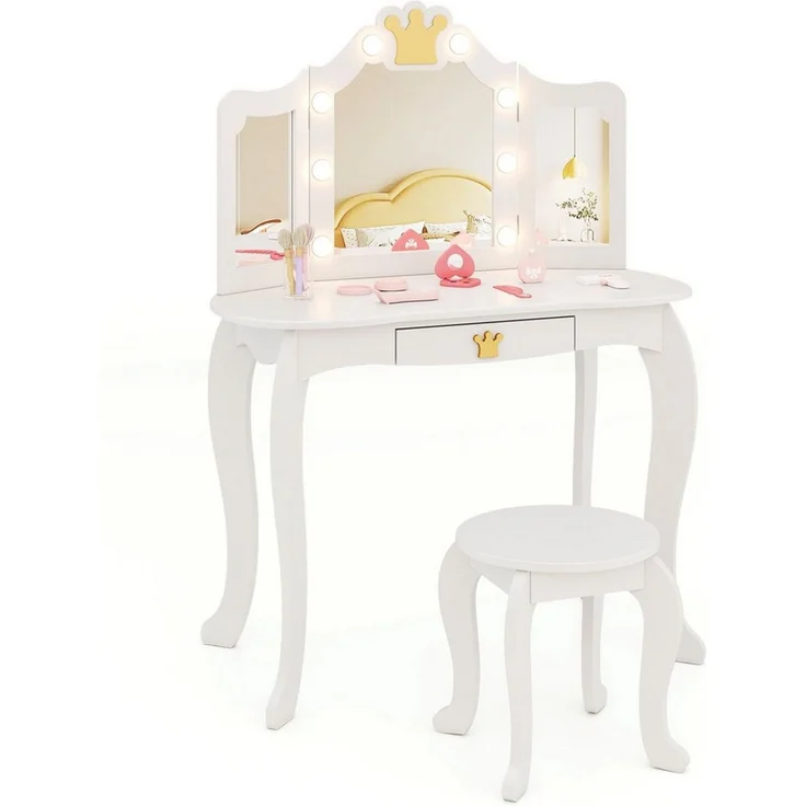 COSTWAY Schminktisch Kinderschminktisch mit Hocker, mit LED Beleuchtung – Bild 1