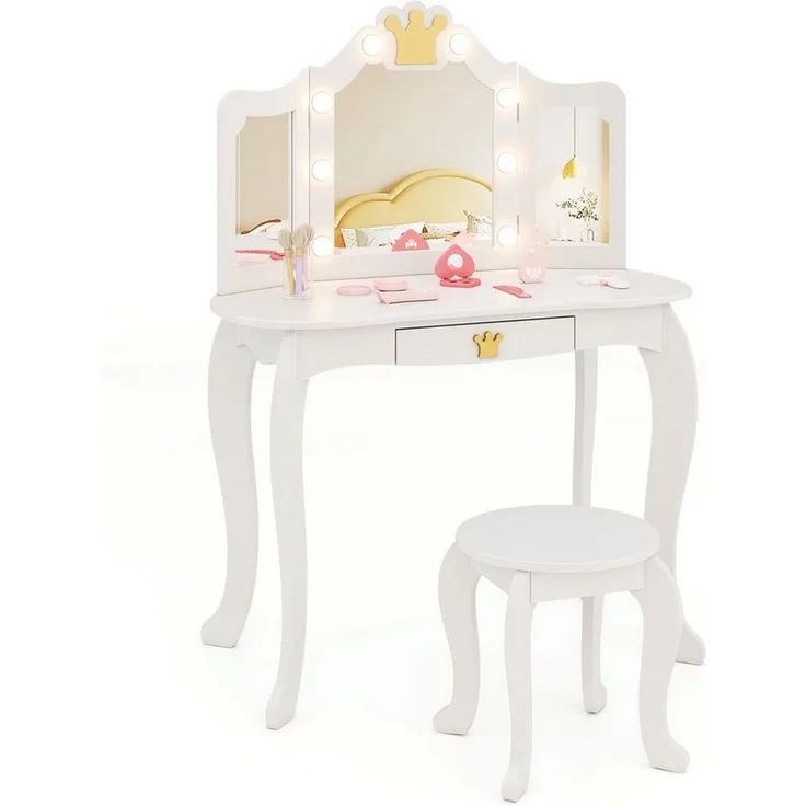COSTWAY Schminktisch Kinderschminktisch mit Hocker, mit LED Beleuchtung