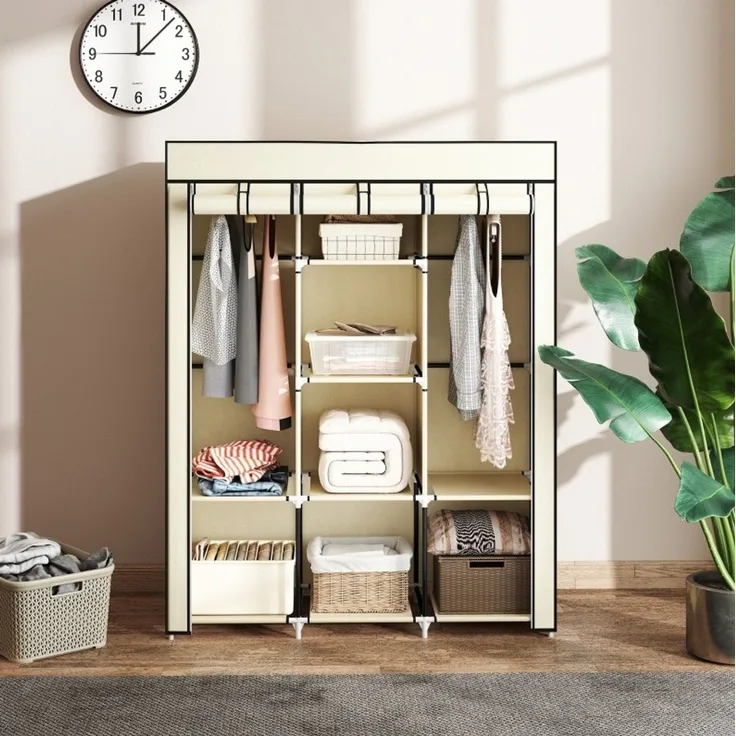 CHICFURN Kleiderschrank 125x162,5x43 cm aus Vliesstoff mit 2 Kleiderstangen und 8 Einlegeböden – cremeweiß