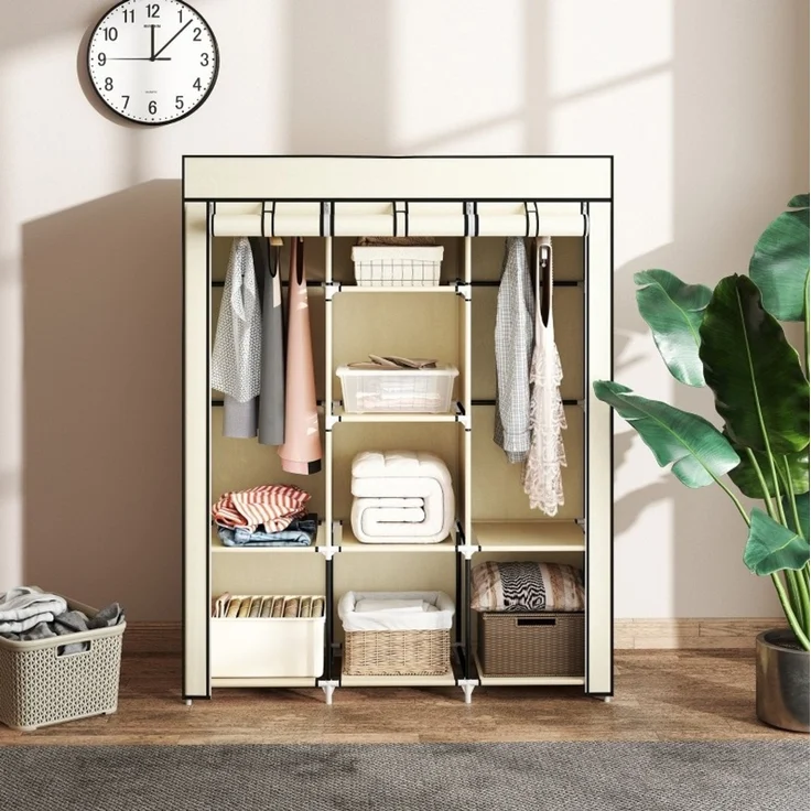 CHICFURN Kleiderschrank 125x162,5x43 cm aus Vliesstoff mit 2 Kleiderstangen und 8 Einlegeböden – cremeweiß – Bild 1