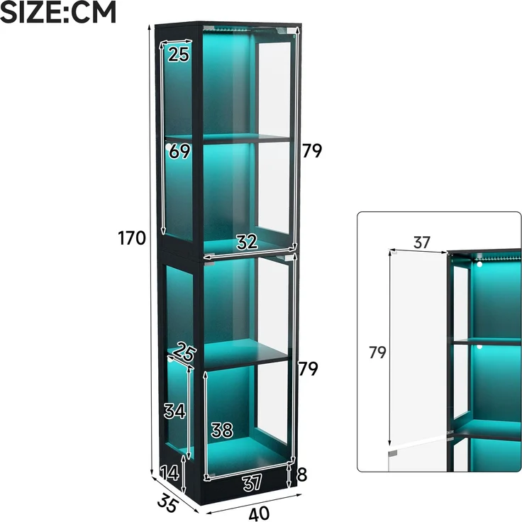 Merax 170 cm Einzeltür LED Vitrine, Gehärtetes Glas Sammlungsvitrine, App-gesteuertes LED-Licht, Vier Etagen Stauraum, Push-to-Open Tür, Schwarz – Bild 4
