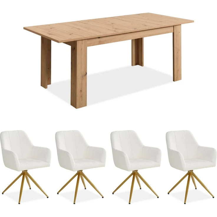 Set Esstisch mit 4 Stühlen, Bouclé Polsterstühle Beige, Küchentisch Modern Holz Eiche, Esszimmertisch Massiv, 160x90 cm – Bild 2