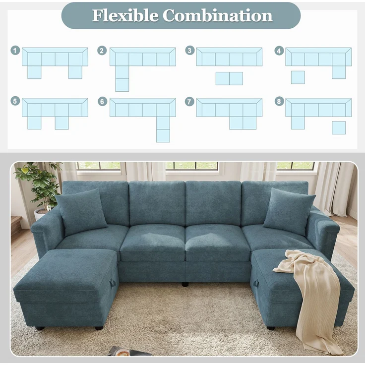 Flieks 4-Sitzer Modulsofa mit 2 Stauraumhockern, USB & USB-C, L- oder U-Form Polstersofa, 261 x 134 x 82 cm, Chenille, Blaugrau – Bild 7