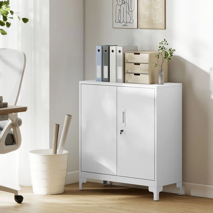 MELAYR, Büroschrank aus Metall, verschließbare Türen, Bürokommode, 2-stufiges Design, Weiß, 80 x 35 x 91 cm – Bild 3