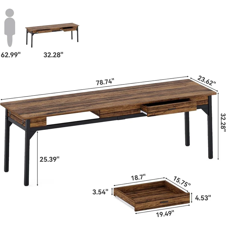 LITTLE TREE Schreibtisch Computertisch 200 cm, großer Schreibtisch aus Industriell Holz und Metall als Bürotisch Arbeitstisch für 2 Personen, ideal für Homeoffice oder Wohnzimmer, Rustikales Braun – Bild 2