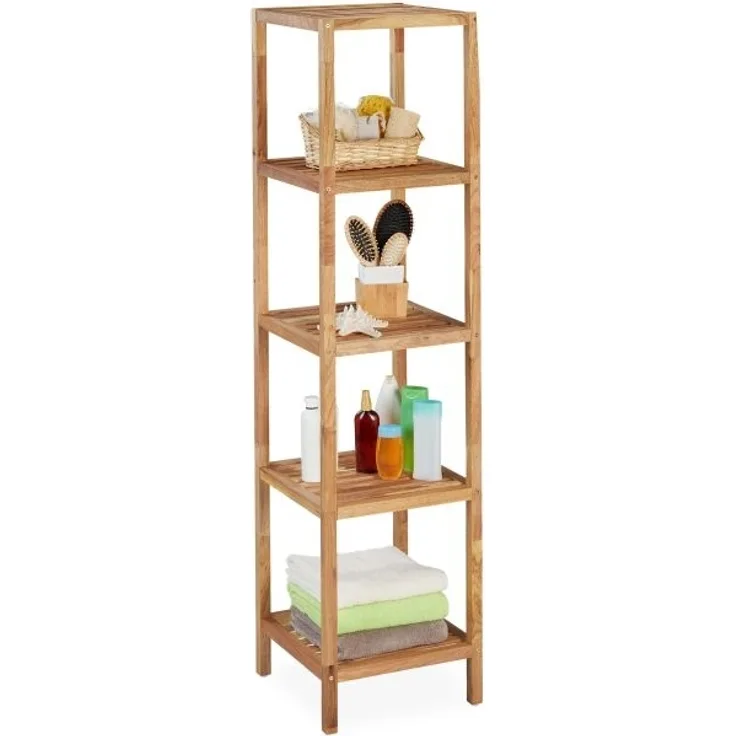 Relaxdays Badregal mit 5 Ablagen, Walnussholz natur, 145 x 36 x 36 cm