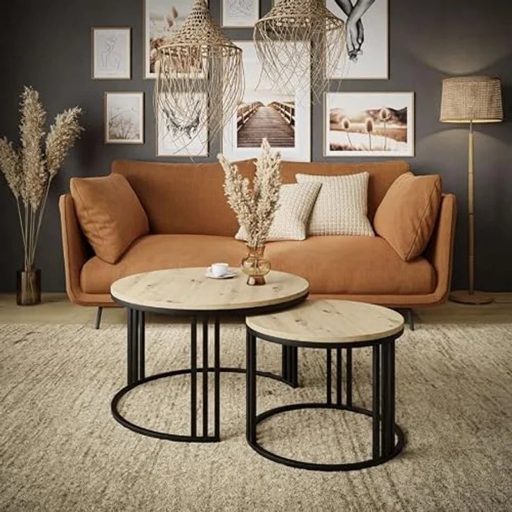 Lookway Couchtisch Lori Loft, Rund, Hellbraun, 2-in-1 Design, 70x48x70 cm, Metallgestell – Bild 2