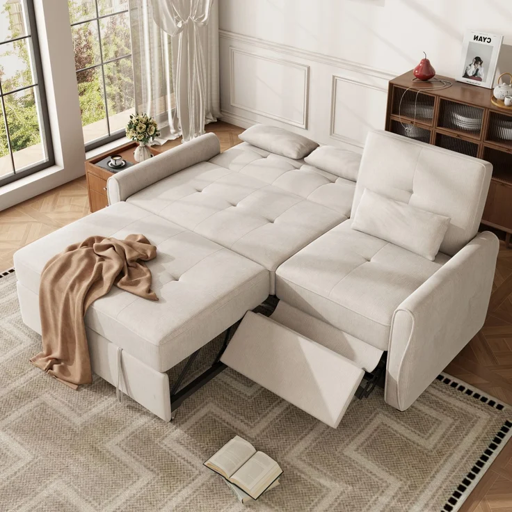 DESVIAE Schlafsofa 3-Sitzer Beige aus Chenille – 176x83x148 cm – Ausziehfunktion, 3-fach verstellbare Rückenlehne – Bild 2