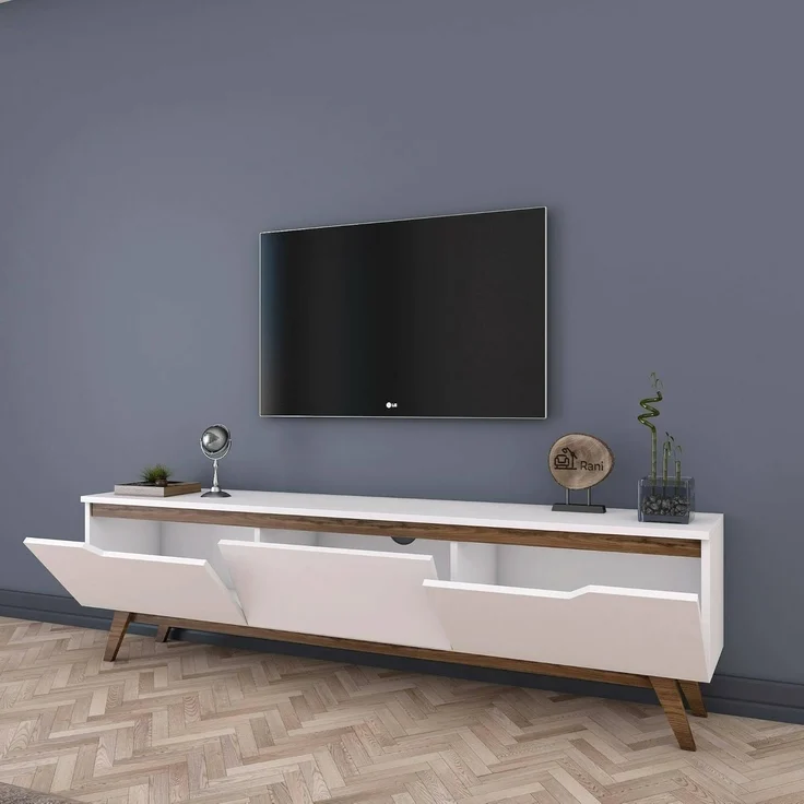Dmora - Fernsehschrank COR, Ständer für Wohnzimmerfernseher, Niedriges Wohnzimmer-Sideboard, TV-Ständerbasis, 180x35h49 cm, Weiß und Walnuss – Bild 6