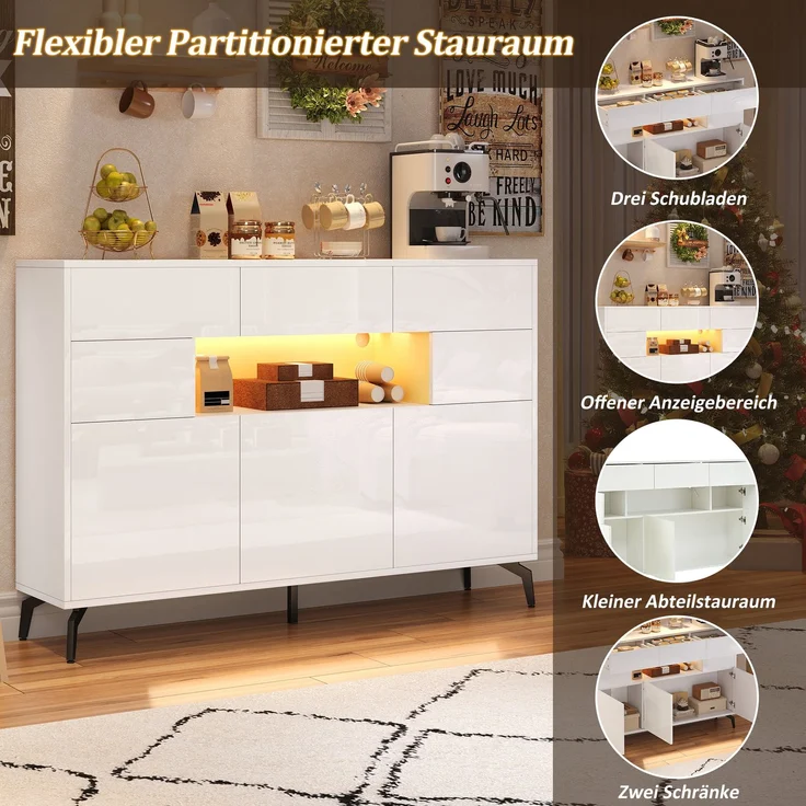 Abrihome Sideboard mit Stauraum und LED, Weiß, 94x30x140 cm – Bild 6