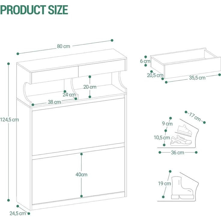 Schuhschrank mit 2 Klappen, Schuhregal Schuhkipper Schmal, 4 Fächern, Verstellbar, 16 Paar, Schuhaufbewahrung für Eingang, Flur, Garderobe, 80 x 24.5 x 124.5 cm Weiß – Bild 8
