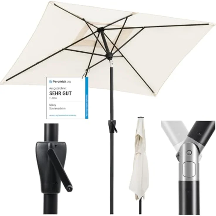 Sekey Sonnenschirm mit Kurbel und UV50+, knickbar, Aluminium creme, 210 × 140 cm – Bild 2
