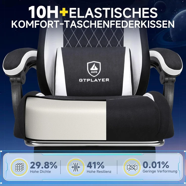 GTPLAYER Gaming-Stuhl Stoff Gaming Chair Ergonomisch Bürostuh PC Stuhl, 150kg Belastbarkeit, Schreibtischstuh mit Federsitzkissen und Fußstütze – Bild 6