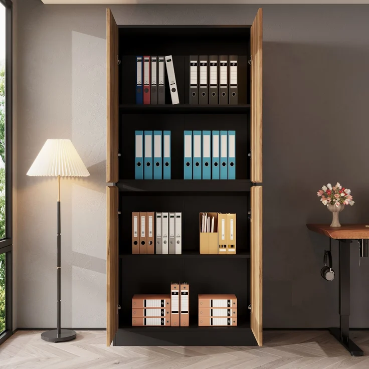 ZUBALIYA Aktenschrank80 x 35 x 180 cm, Mehrzweckschrank aus Holz in Schwarz & Eiche Optik, mit verstellbaren Einlegeböden, Bücherschrank, Aufbewahrungsschrank für Büro, Wohnzimme,Flur, Hochschrank,Flurschrank – Bild 3