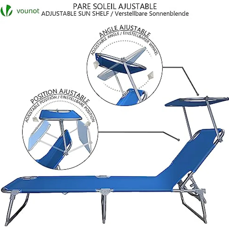 VOUNOT 2er Set Sonnenliege mit Dach, Klappbare Strandliege, Gartenliege Liegestuhl, Sonnendach und Rückenlehne Verstellbar, 190 x 58 x 27 cm, Blau – Bild 3