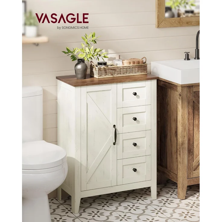 VASAGLE Aufbewahrungsschrank, LIRY Kollektion, im Landhausstil, mit 4 Schubladen, Tür, verstellbare Ablage, Holz Vintageweiß, 30 x 60 x 80 cm – Bild 2