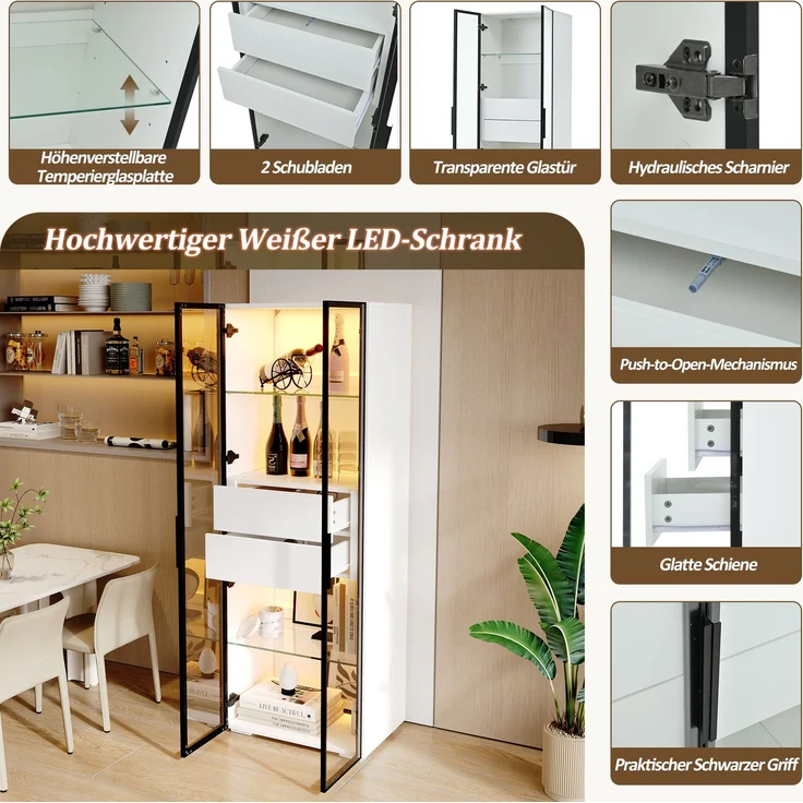 60*40*160cm Schrank,Vitrine Schranktür aus gehärtetem Glas,Vitrine Lagerschrank mit LED,2Glasboden,2Schubladen,Highboard,Wohnzimmerschrank,Aufbewahrungsschrank,Hochschrank,Sofaschrank,Weiß – Bild 8