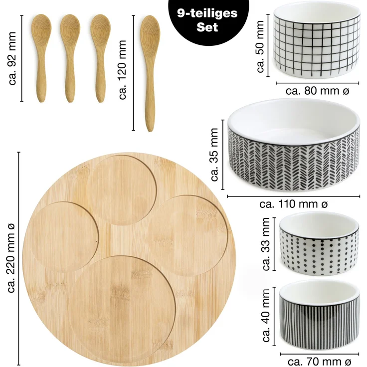 Moritz & Moritz Servierset Parsley - Bambus Brettchen rund mit 4 gemusterten Schalen rund – Bild 3
