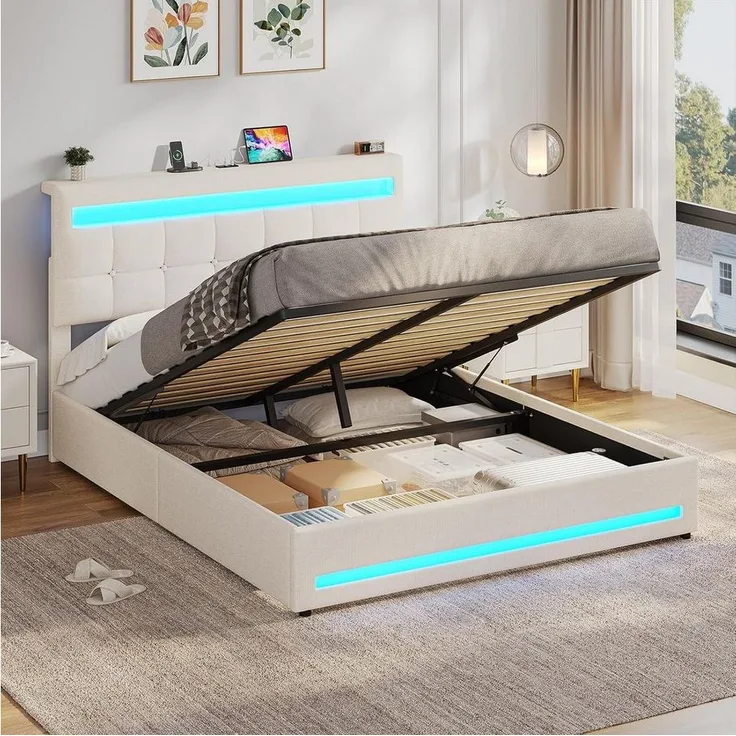 MSMASK Polsterbett Jugendbett mit LED Beleuchtung und Ladestation, Hydraulisches Bett (Ohne Matratze), mit Höhenverstellbares Kopfteil und Stauraum