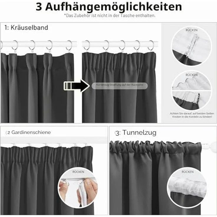 Deconovo Gardinen mit Kräuselband Blickdicht Vorhänge UV-Schutz Dunkelgrau | 2er Set, H 175 x B 140 cm, Hitzeschutz, Wohnzimmer Vorhang, Curtains for Bedroom, für Schienen, Sichtschutz, UV-schutz – Bild 4