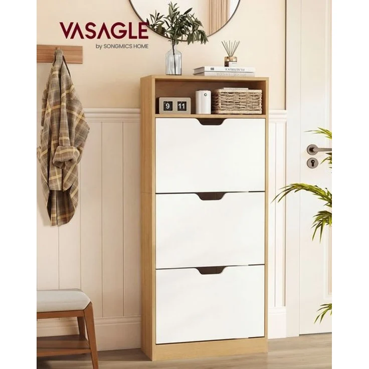 VASAGLE Schuhregal 3 Klappen, mit verstellbarer Trennwand, Schuhaufbewahrung, offenes Fach, 24 x 60 x 139 cm, eichenfarben-weiß – Bild 4