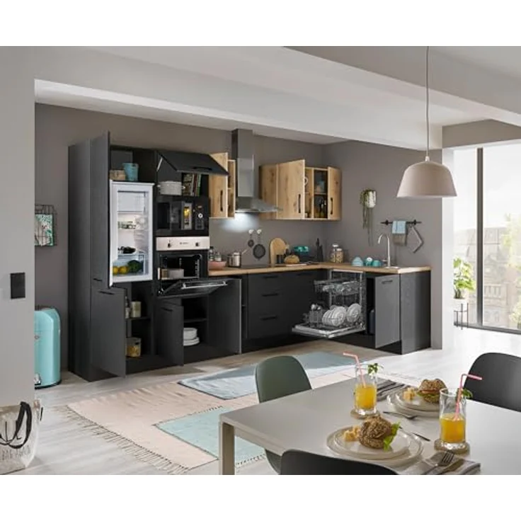 Turin LBM Eckküche 340 x 211 x 60 cm, schwarz - Ohne Küchengeräte - Moderne, geräumige Küche in Artisan-Eiche Optik mit viel Stauraum – Bild 7