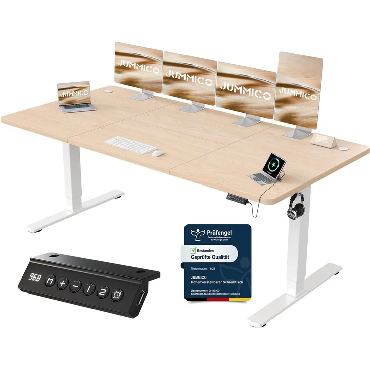 JUMMICO Schreibtisch elektrisch höhenverstellbar mit USB-Ladeanschluss, Beige, 200x80 cm
