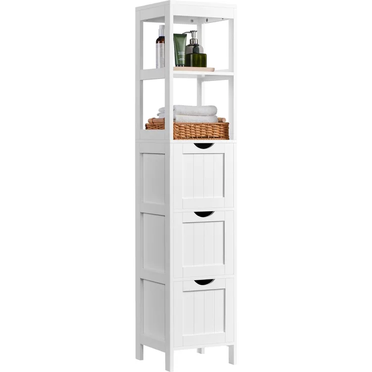Yaheetech Hochschrank, Badezimmerschrank Aufbewahrungsschrank, mit 3 Schubladen und 2 offenen Fächern, schmales Badmöbel Badregal, 30 × 30 × 142 cm, Weiß
