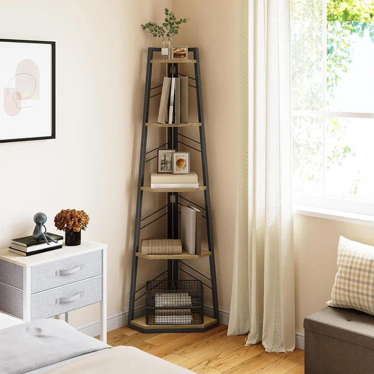 YITAHOME Eckregal, 5-stöckiges Leiterregal, Industrielles Bücherregal, Bodenstehendes Regal, Offenes Standregal aus Holz, für Wohnzimmer, Flur, Schlafzimmer, Home-Office, Eichenfarbe Lagerregal