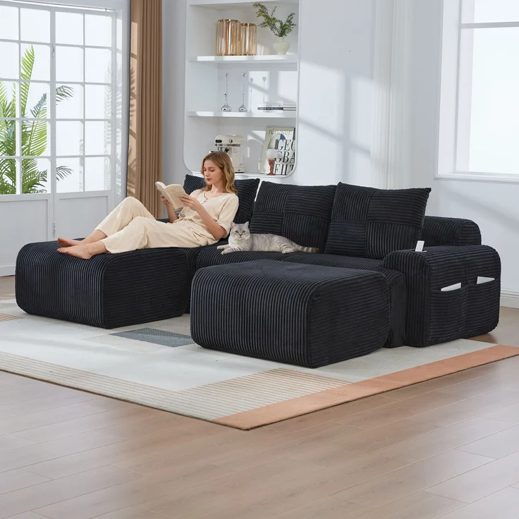 Sofa 3-Sitzer 268x174x80 cm mit schwarzer Cord-Sitzfläche, modular, Cupholder und Seitentasche – Bild 4