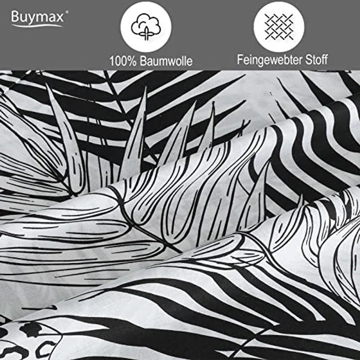 Buymax Bettwäsche Bettwäsche Bettbezug-Set Exotic, Renforce: 100% Baumwolle, 3 teilig, 200x220 cm, Reißverschluss Weiß Schwarz Palmenblätter Monstera Blätter – Bild 4
