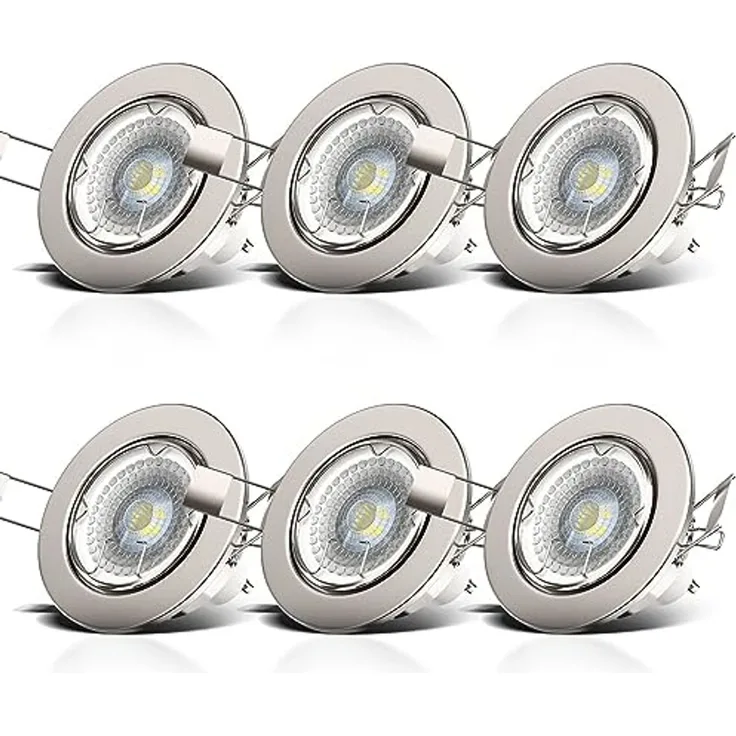 B.K.Licht LED Einbaustrahler 6er SET Einbauleuchten 86mm flach dimmbar Einbaumaß 68mm - 10-04-06-S, Dimmfunktion, LED wechselbar, Warmweiß, 3000K Einbauspots schwenkbar 5,5W 400lm GU10 Leuchtmittel matt-Nickel