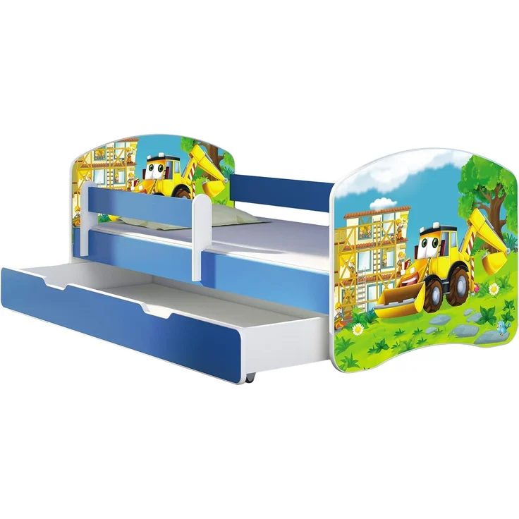 ACMA Kinderbett Jugendbett mit Einer Schublade und Matratze Blau mit Rausfallschutz Lattenrost II 140x70 160x80 180x80 (20 Bagger, 160x80 + Bettkasten) – Bild 1