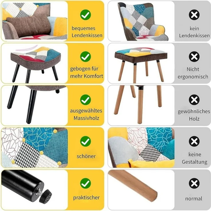 HomeMiYN Ohrensessel Relaxsessel Lehnstühle Patchwork Ohrensessel mit Hocker lesesessel, Chair – Bild 2