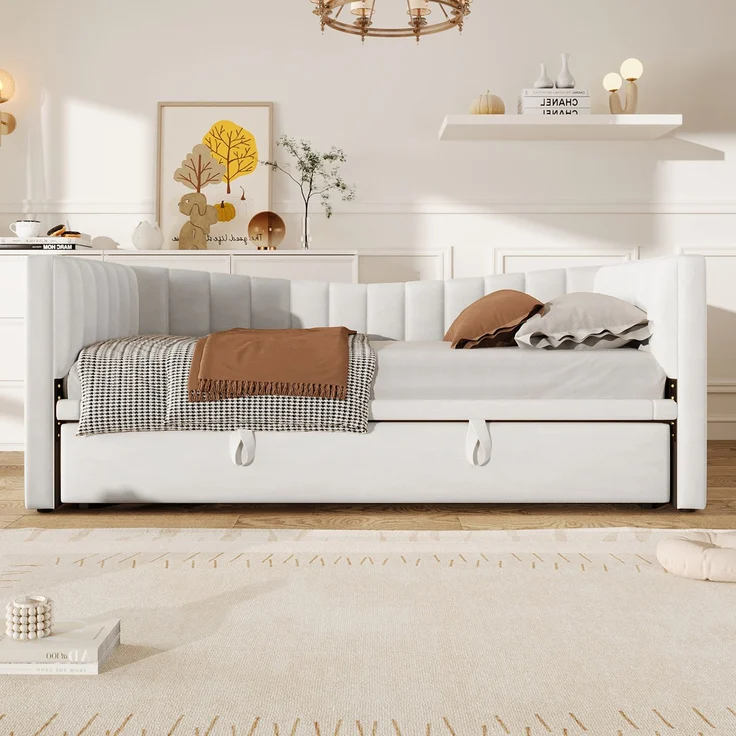 Polsterbett 90x200cm ausziehbar 180x200 cm,Samt Daybett mit ausziehbarem Rollbett, multifunktionales Gästebett in Weiß – Bild 4