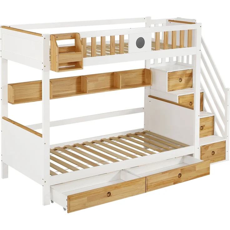 Merax Etagenbett 90x200cm mit Treppe, Reichlich Stauraum, Kinderbett mit 4 Schließfächer in der Treppe, mit Fallschutzgitter und 2 Schubladen, Offenes Regal, Weiß+Natur – Bild 9