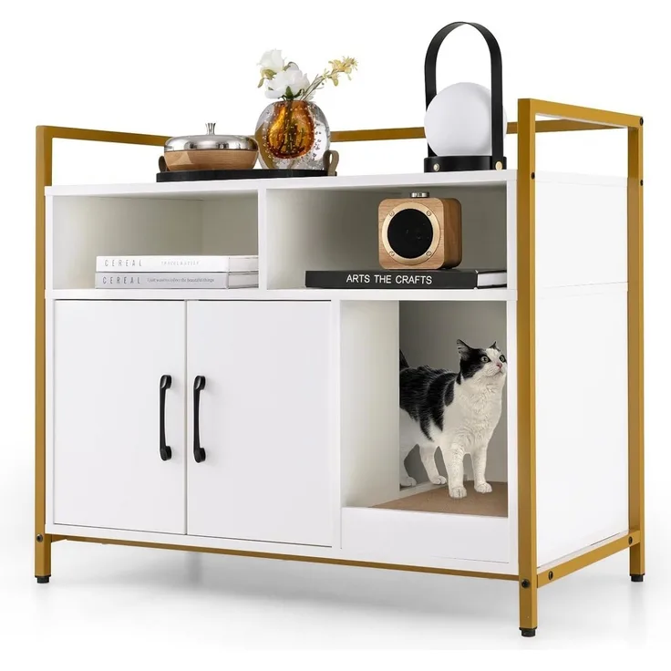 KOMFOTTEU Tierhaus 2 in 1 Katzenschrank, Katzentoilette mit Doppeltüren