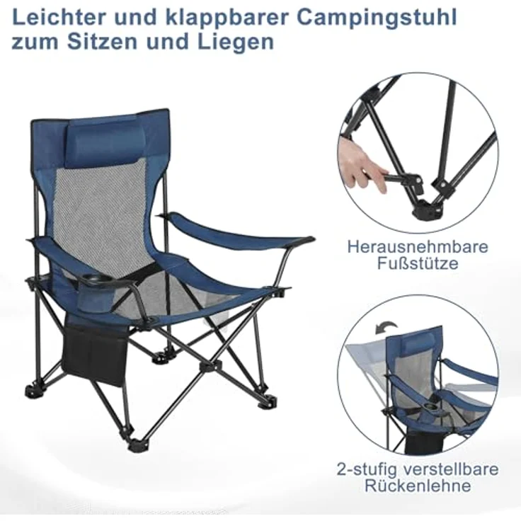 eSituro Campingstuhl klappbar, Angelstuhl faltbar, Klappstuhl mit Abnehmbarer Fußablage Getränkehalter Tragetasche, Strandstuhl mit Verstellbarer Rückenlehne, Campingliege Blau – Bild 7