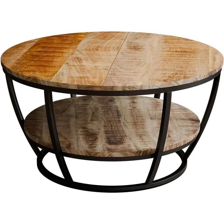Liadomo Couchtisch Gianna, runde Platte Mangoholz massiv, Metallgestell schwarz, mit Ablage