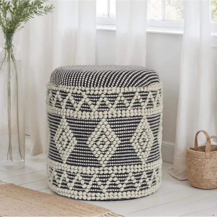 Hocker Boho Wolle Grau-Creme Ø40x45cm mit Stauraum & abnehmbarem Deckel